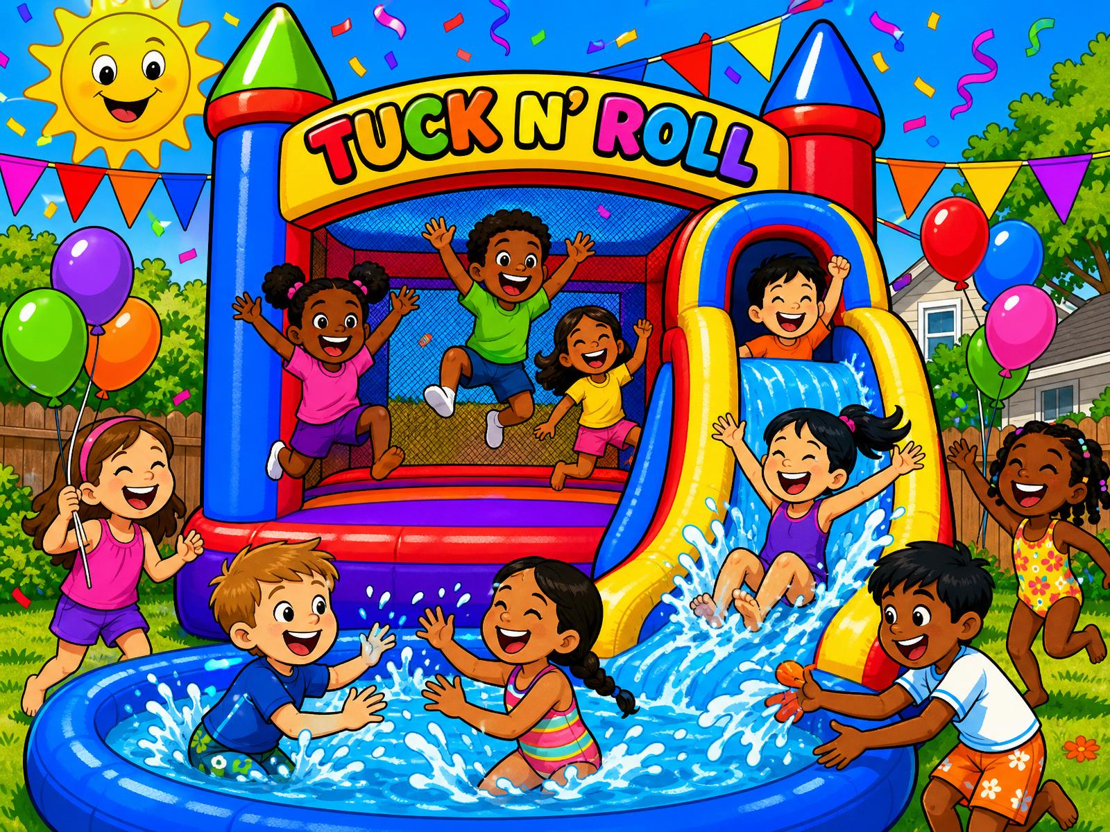 Colorful bounce houses and waterslides ready for a Statesboro party